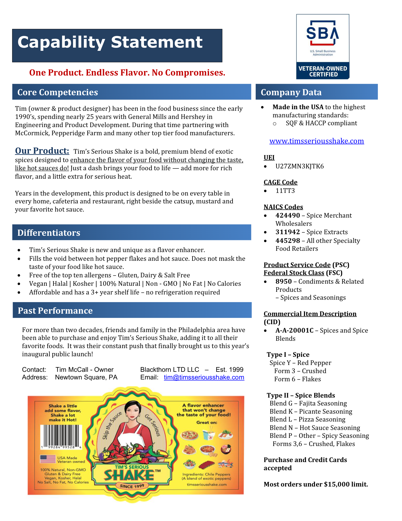 Capability statement for Tim's Serious Shake product with SBA certification and company details.
